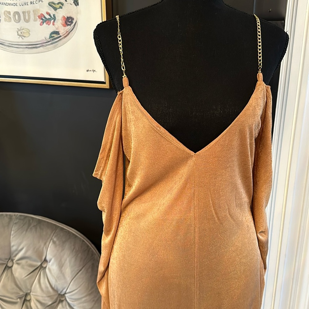 Women’s CHIC ME gold stretch long gown dress prom evening Large NWOT